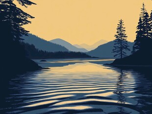 黄昏湖畔山林静谧美景