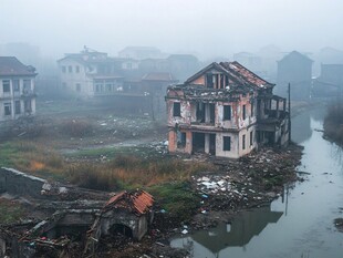 雾中破败村落景象