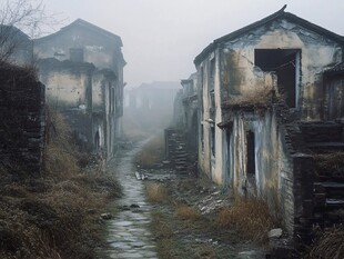 雾中荒废古村落小道