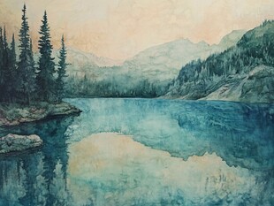 山水湖景水彩画自然风光