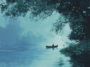 湖畔孤舟独钓静谧之景