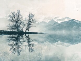 水墨山水间的孤树倒影