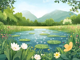 夏日湖畔的缤纷自然景致