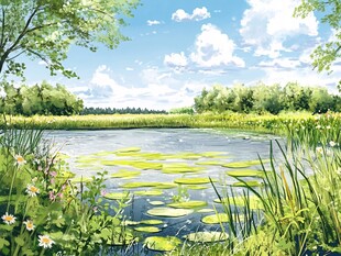 夏日湖畔自然风光图