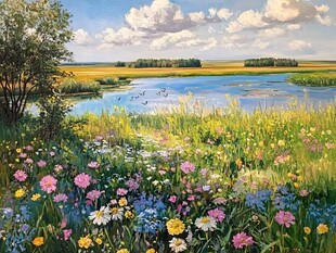 夏日湖畔花海田园美景