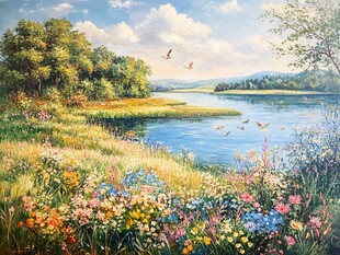 湖畔繁花飞鸟的美丽景致