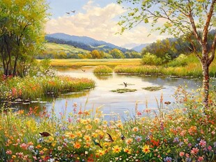 田园湖畔的多彩自然美景