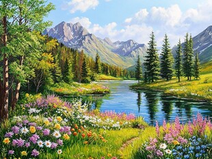 山间湖畔繁花盛放美景