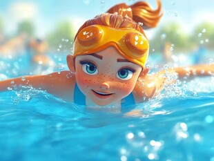 卡通女孩欢快畅游泳池