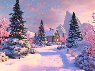 梦幻冬日雪景中的温馨小屋