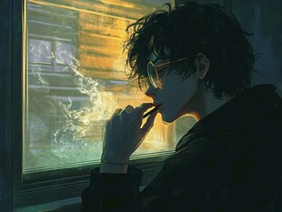 窗边沉思的卷发眼镜少年