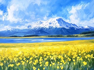 雪山下的金黄花海美景