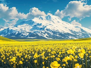 雪山下的金黄花海美景