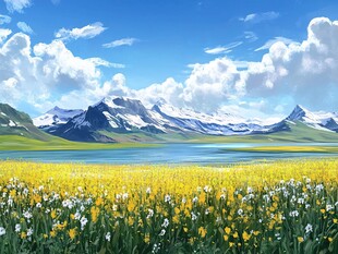 湖畔花海与雪山美景