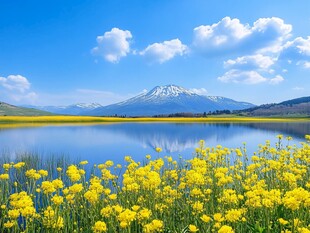 湖畔黄花映雪山美景