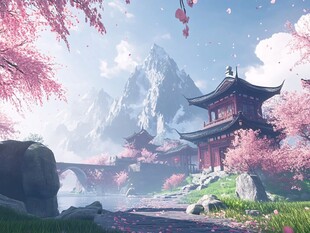 春日古风山水楼阁美景