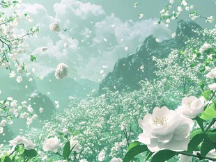 春日繁花盛开的梦幻山景