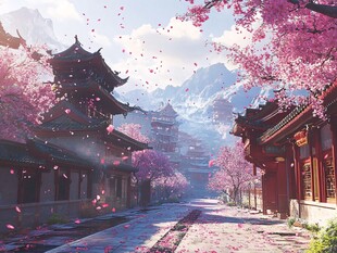 古风春日落花古街美景