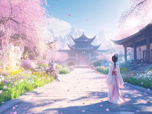 春日汉服女子漫步古景