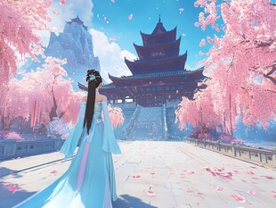 蓝衣女子漫步古风烂漫景