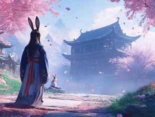 兔耳女子赏古风春景