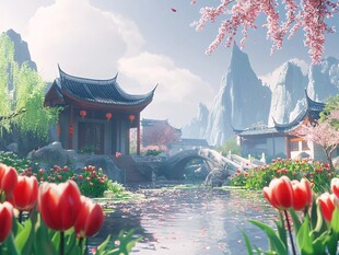 中式园林湖畔的烂漫春光