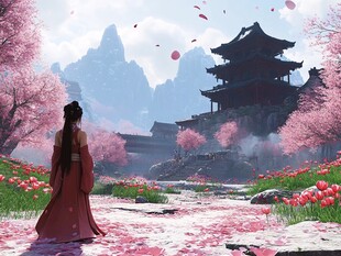 红衣女子漫步古风桃源