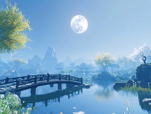 月夜下的静谧中式山水景致