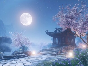 月夜古亭下的烂漫春景