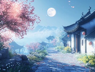 月夜下的中式庭院美景