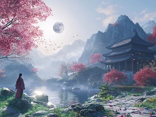 月下江畔古装人赏春景