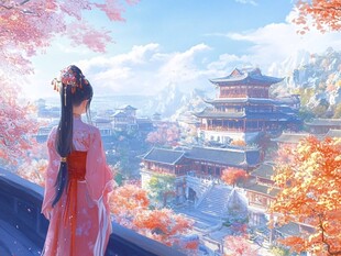 红衣女子眺望古风美景