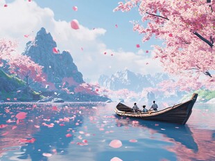 春日泛舟赏烂漫樱花景