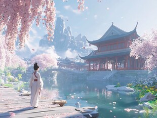 古风佳人赏景于山水楼阁间