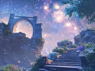 梦幻星空下的神秘石拱步道