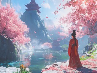 红衣佳人赏烂漫樱花盛景