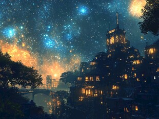 梦幻星空下的奇幻建筑群