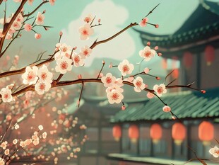 古风庭院中的烂漫花枝