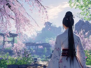 古风佳人赏春日园林景致