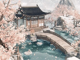 古风雪景中的雅致中式庭院