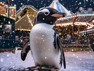 雪中游乐园的可爱小企鹅