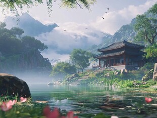 山水间的古典中式亭阁