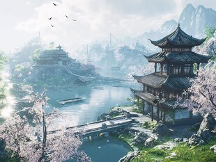 水墨古风山水亭阁美景图