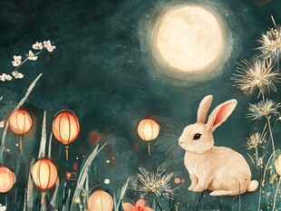 月夜萌兔伴花灯与繁花