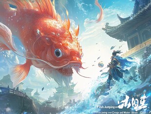 锦鲤跃浪与侠客奇幻场景