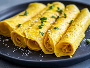 美味蛋卷摆放在黑色盘子上