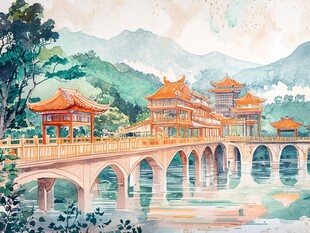 古风廊桥山水诗意画卷
