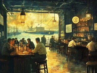 港口边热闹的复古风情酒吧