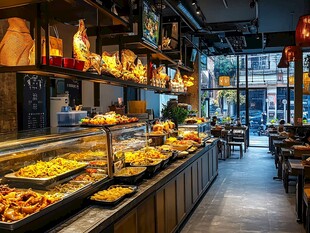 热闹中式餐厅美食陈列区