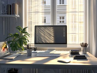 窗边明亮的现代办公桌面